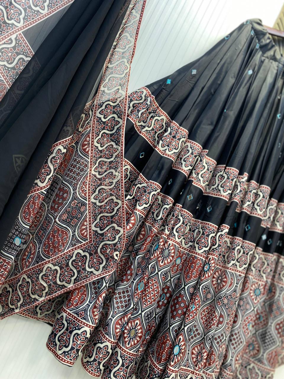 Black Exclusive Printed Real Mirror Work Navaratri Lehenga Choli