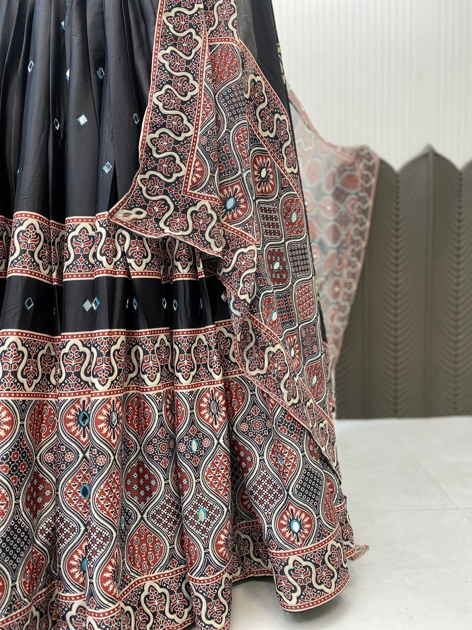 Black Exclusive Printed Real Mirror Work Navaratri Lehenga Choli