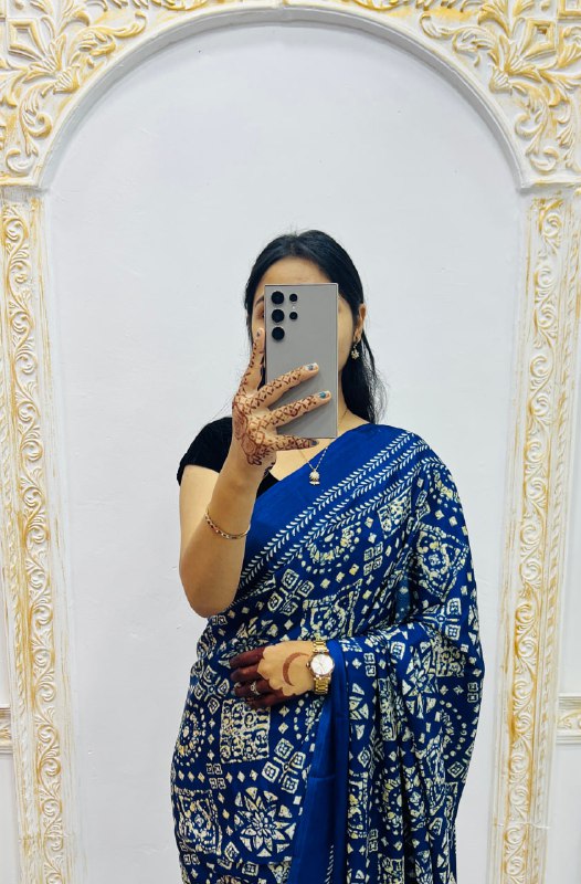 Navy Blue Original Silk Ajrakh Rich Pallu With Contrast Blouse Saree
