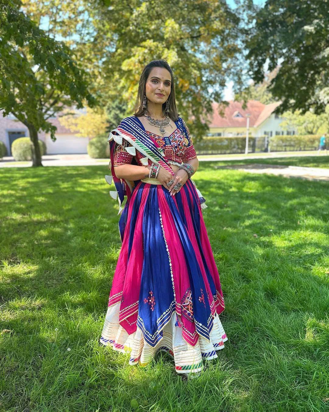 Royal Blue & Pink Heavy Muslin Cotton Digital Print & Real Mirror Work Navratri Lehenga Choli Set