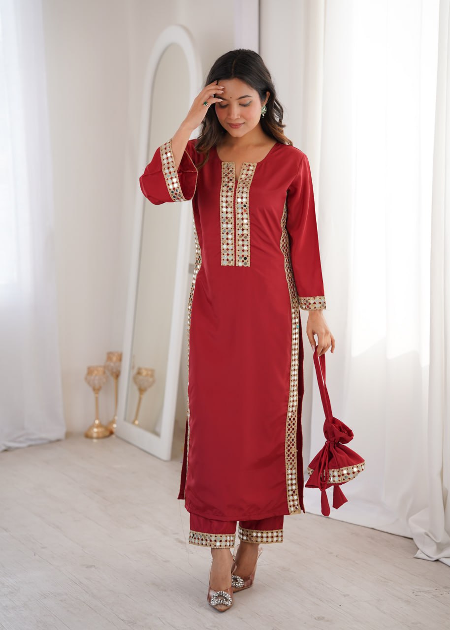 Maroon Natural Crepe With Real Mirror Lace Work Suit
