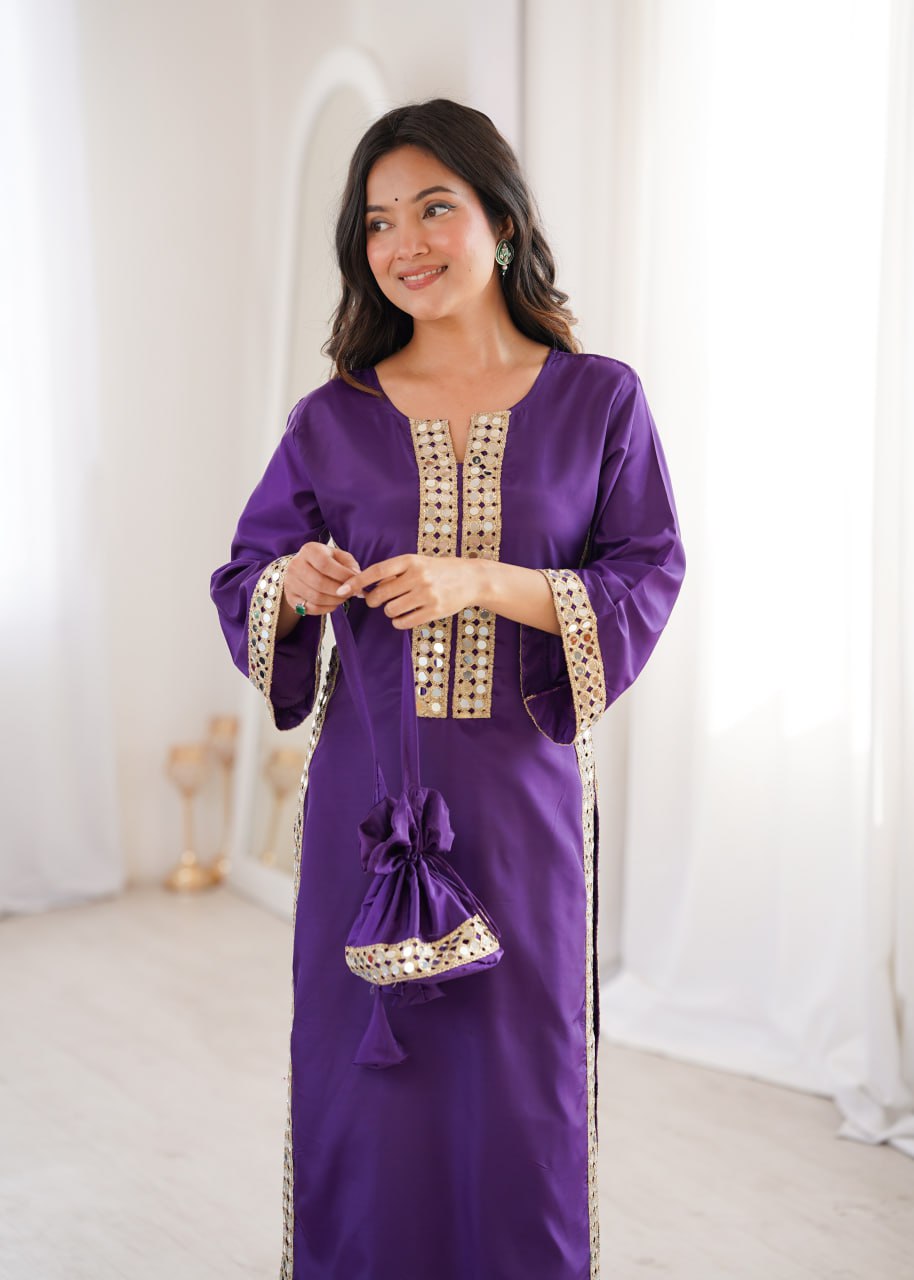 Purple Natural Crepe With Real Mirror Lace Work Suit