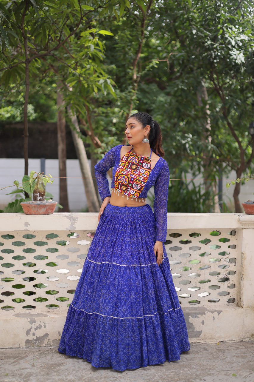 Blue Bandhej Print With Gotta Patti Lace Work Navratri Lehenga Choli