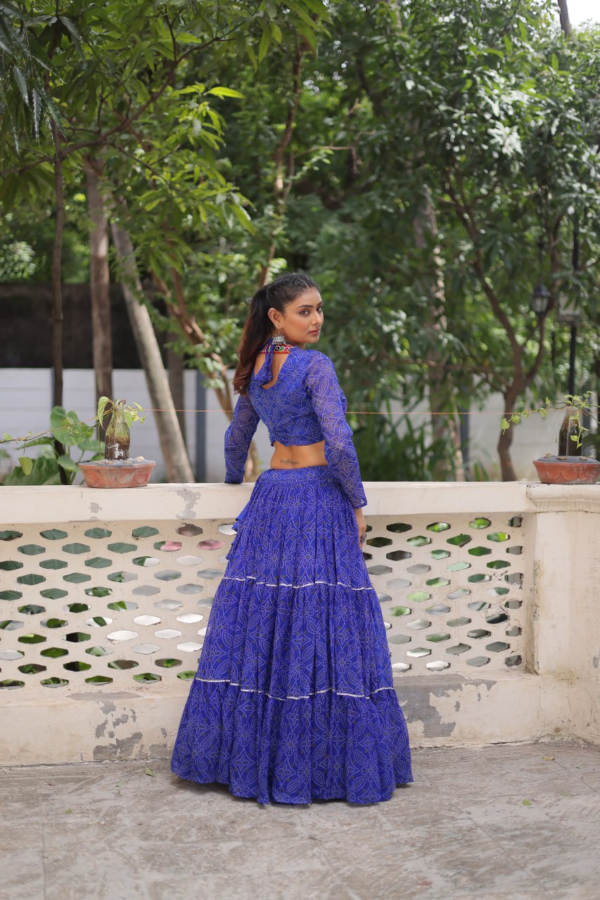 Blue Bandhej Print With Gotta Patti Lace Work Navratri Lehenga Choli