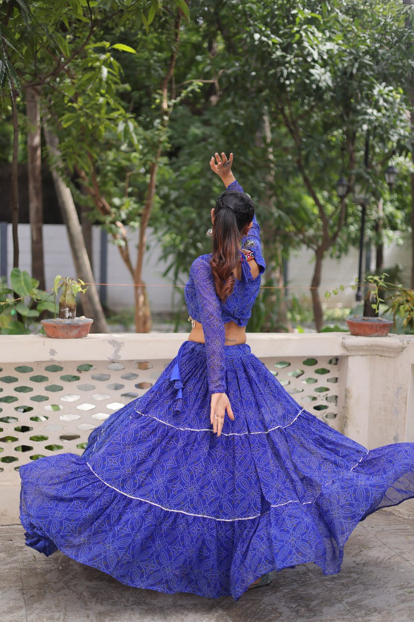 Blue Bandhej Print With Gotta Patti Lace Work Navratri Lehenga Choli