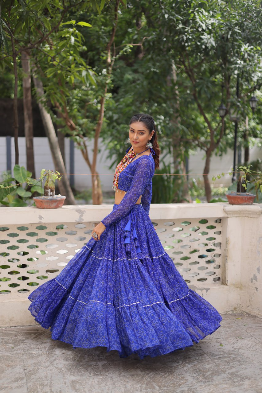 Blue Bandhej Print With Gotta Patti Lace Work Navratri Lehenga Choli