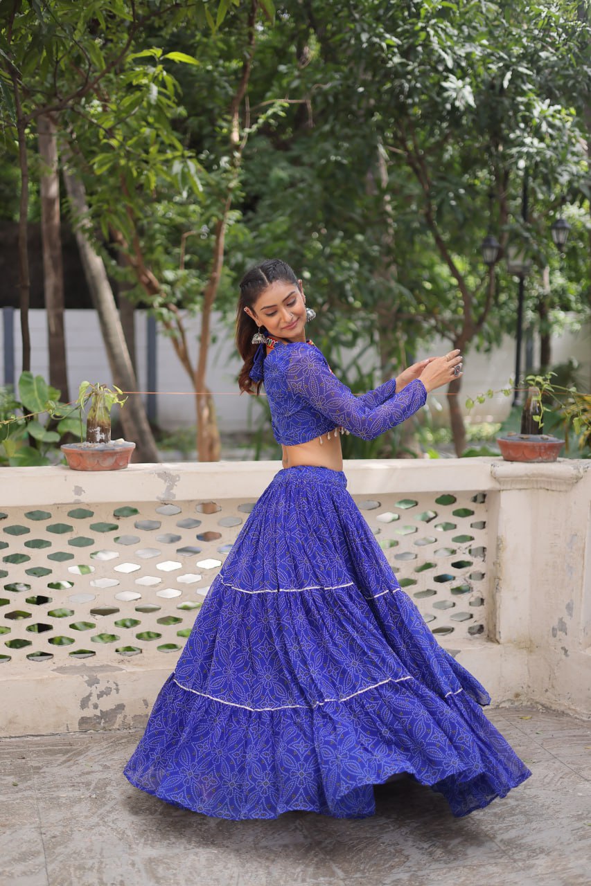 Blue Bandhej Print With Gotta Patti Lace Work Navratri Lehenga Choli