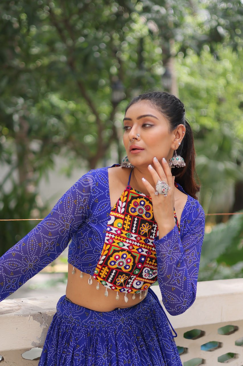 Blue Bandhej Print With Gotta Patti Lace Work Navratri Lehenga Choli