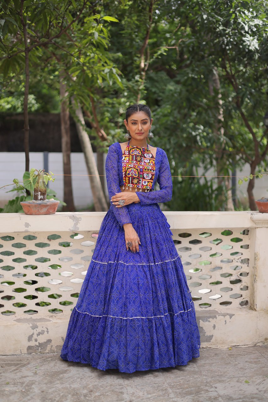 Blue Bandhej Print With Gotta Patti Lace Work Navratri Lehenga Choli