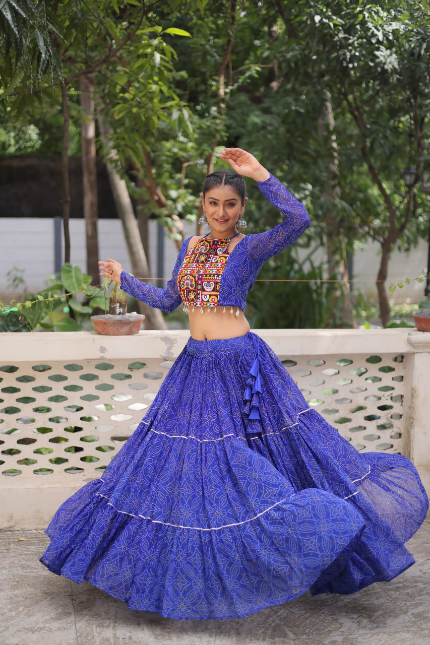 Blue Bandhej Print With Gotta Patti Lace Work Navratri Lehenga Choli