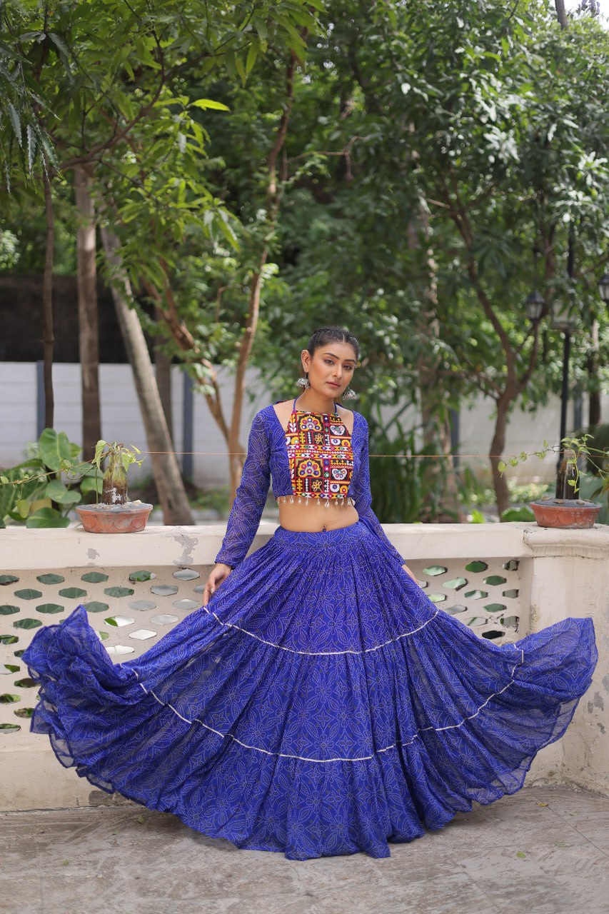 Blue Bandhej Print With Gotta Patti Lace Work Navratri Lehenga Choli