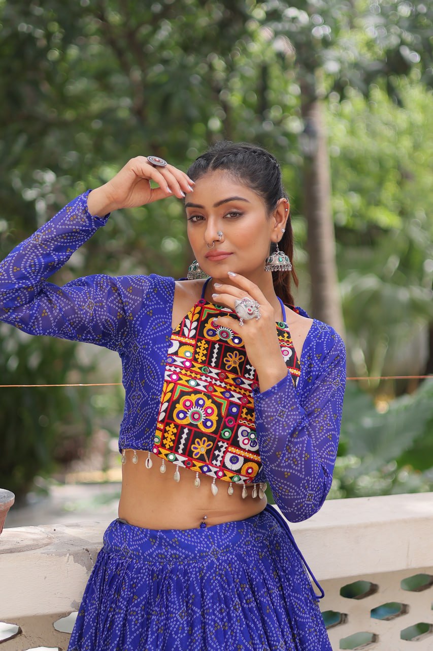 Blue Bandhej Print With Gotta Patti Lace Work Navratri Lehenga Choli