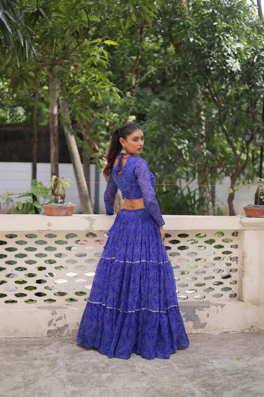 Blue Bandhej Print With Gotta Patti Lace Work Navratri Lehenga Choli