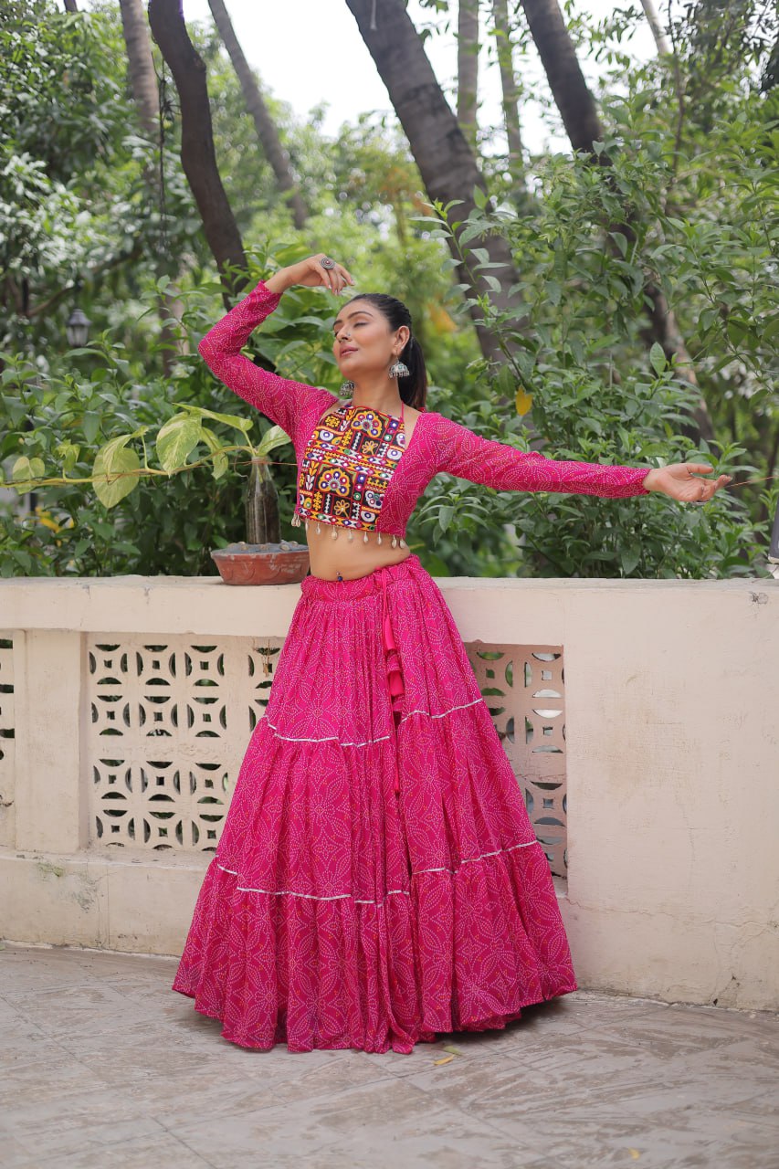 Pink Bandhej Print With Gotta Patti Lace Work Navratri Lehenga Choli
