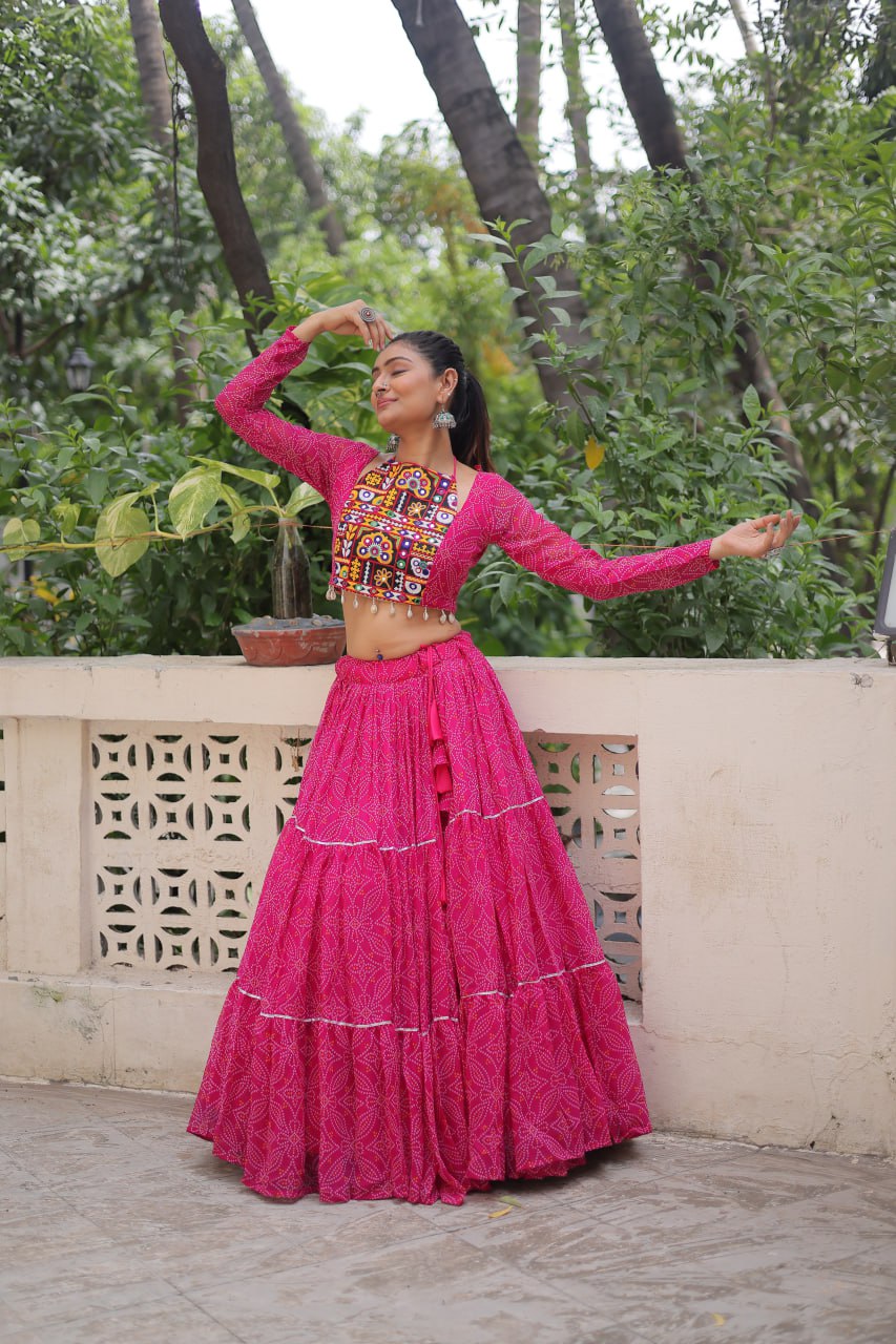 Pink Bandhej Print With Gotta Patti Lace Work Navratri Lehenga Choli