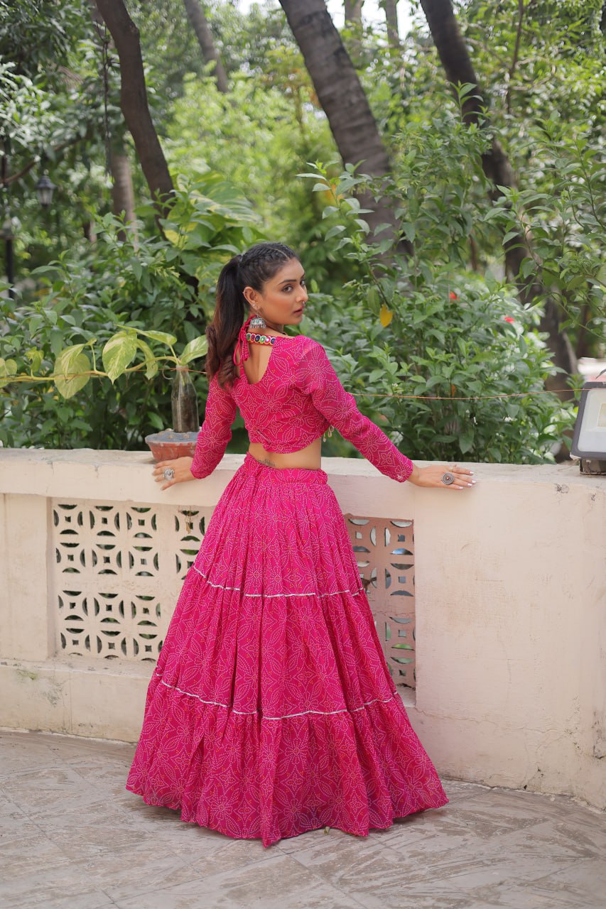 Pink Bandhej Print With Gotta Patti Lace Work Navratri Lehenga Choli