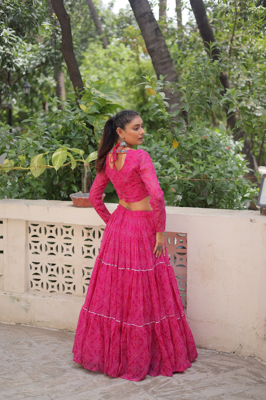 Pink Bandhej Print With Gotta Patti Lace Work Navratri Lehenga Choli
