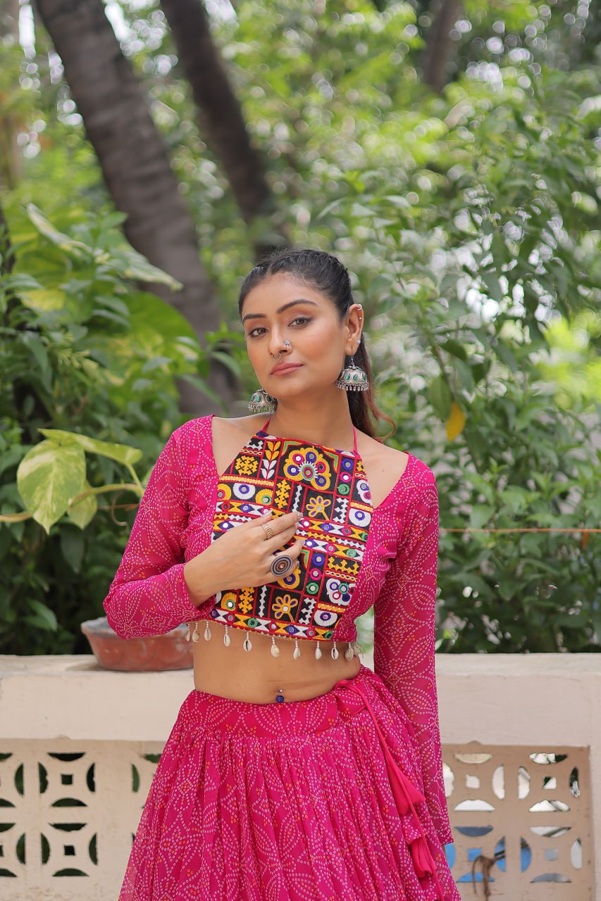 Pink Bandhej Print With Gotta Patti Lace Work Navratri Lehenga Choli