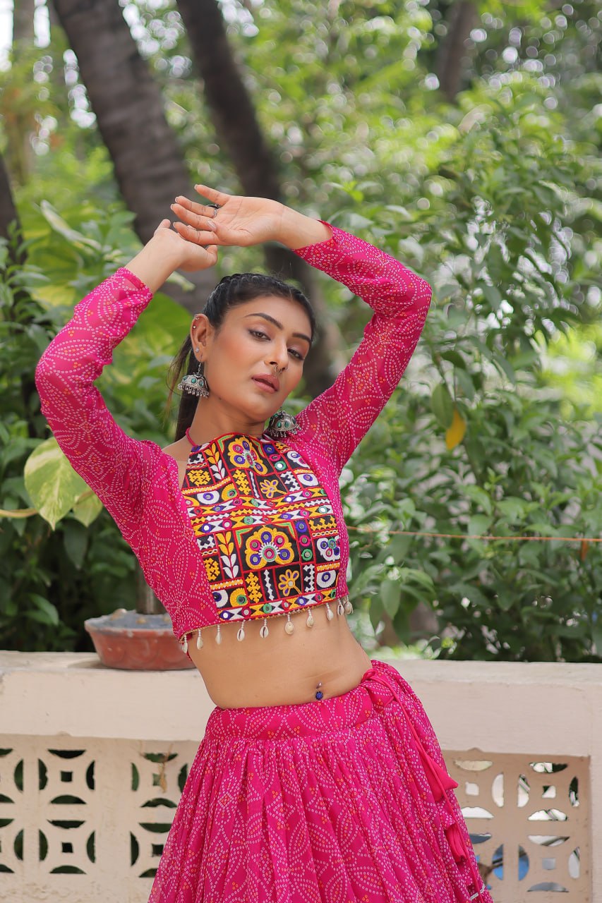 Pink Bandhej Print With Gotta Patti Lace Work Navratri Lehenga Choli