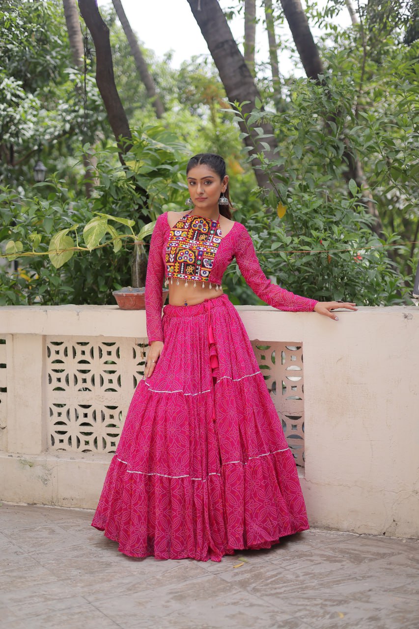 Pink Bandhej Print With Gotta Patti Lace Work Navratri Lehenga Choli