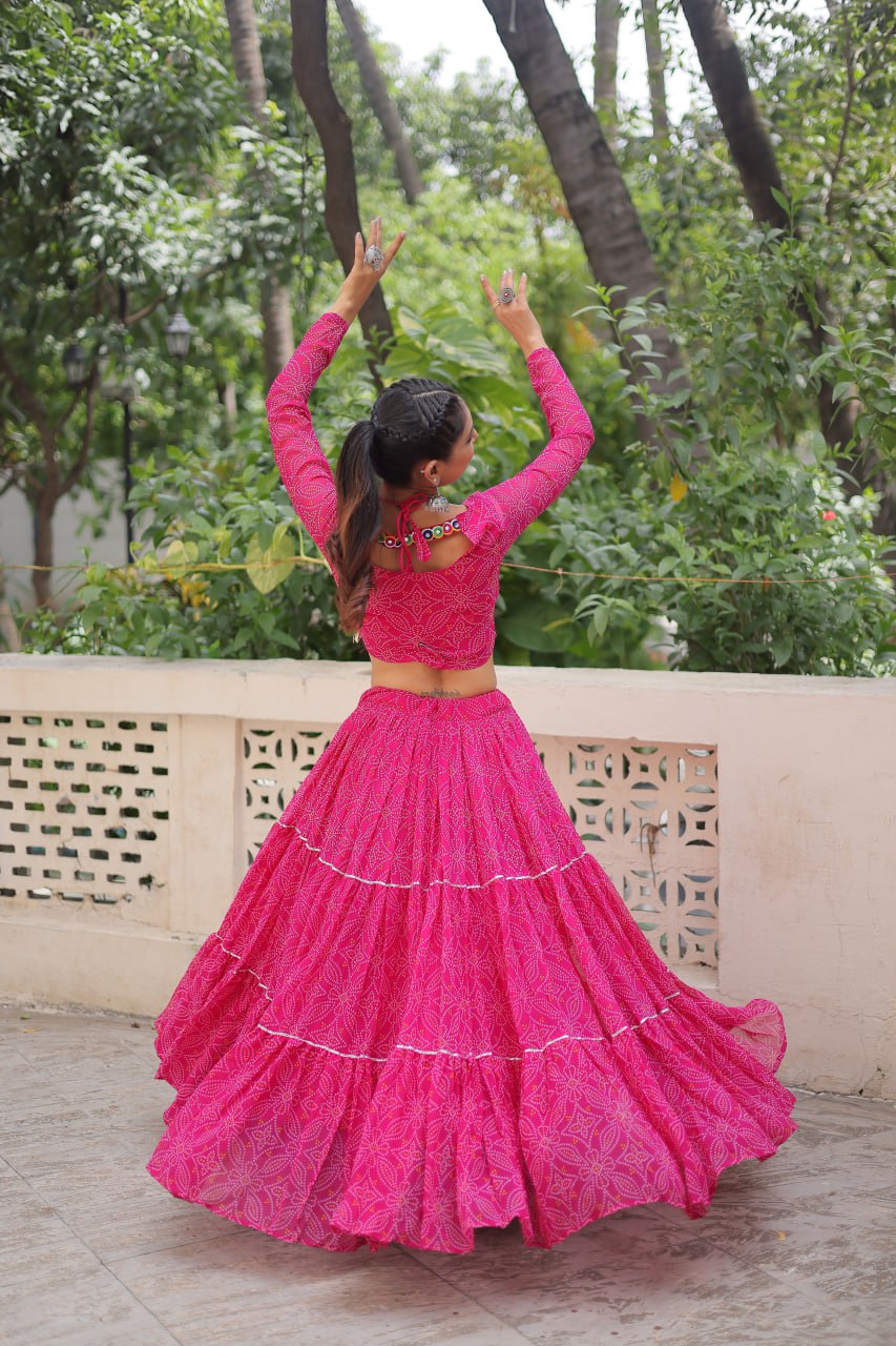 Pink Bandhej Print With Gotta Patti Lace Work Navratri Lehenga Choli