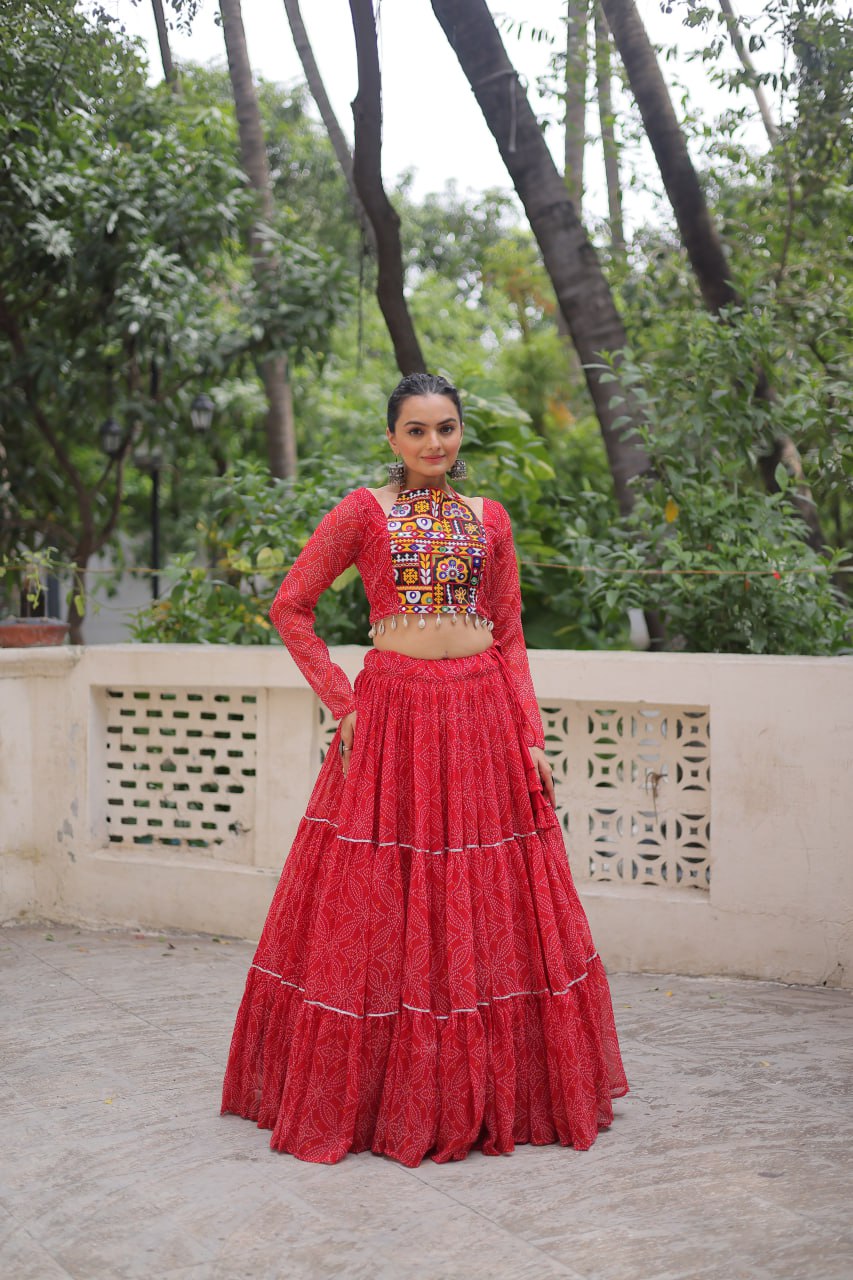 Red Bandhej Print With Gotta Patti Lace Work Navratri Lehenga Choli