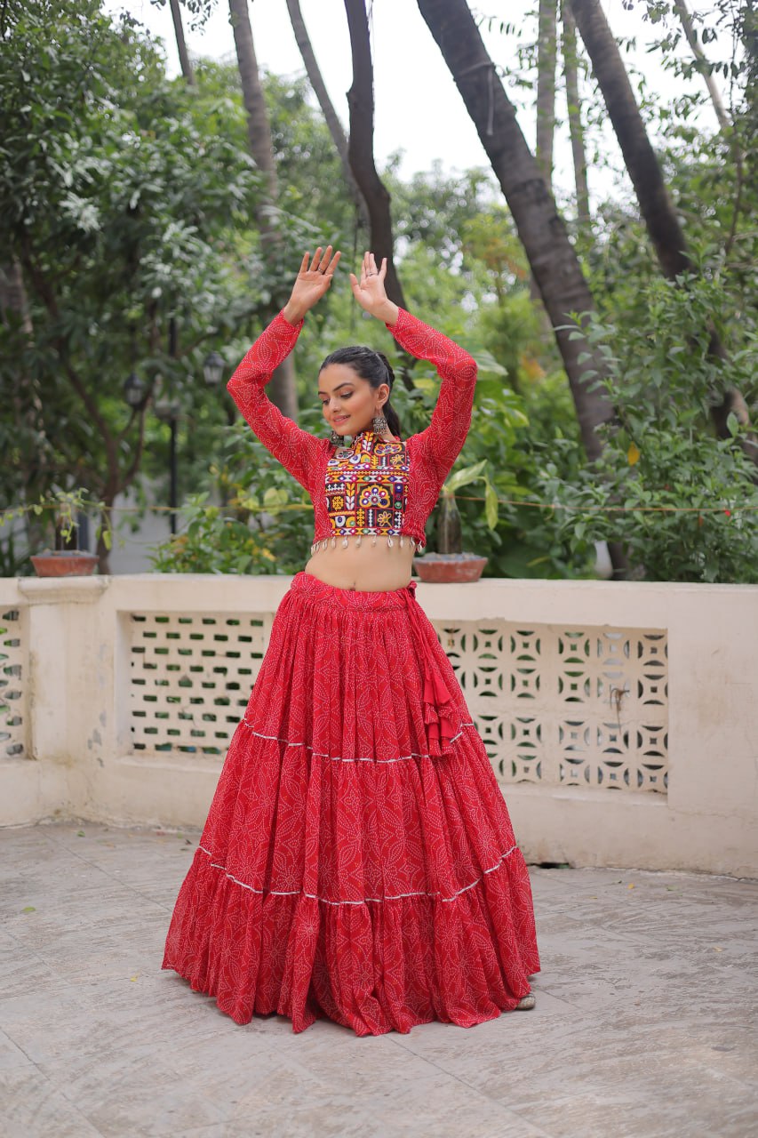 Red Bandhej Print With Gotta Patti Lace Work Navratri Lehenga Choli