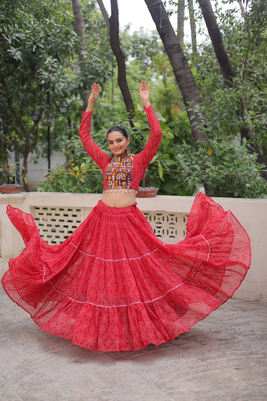 Red Bandhej Print With Gotta Patti Lace Work Navratri Lehenga Choli