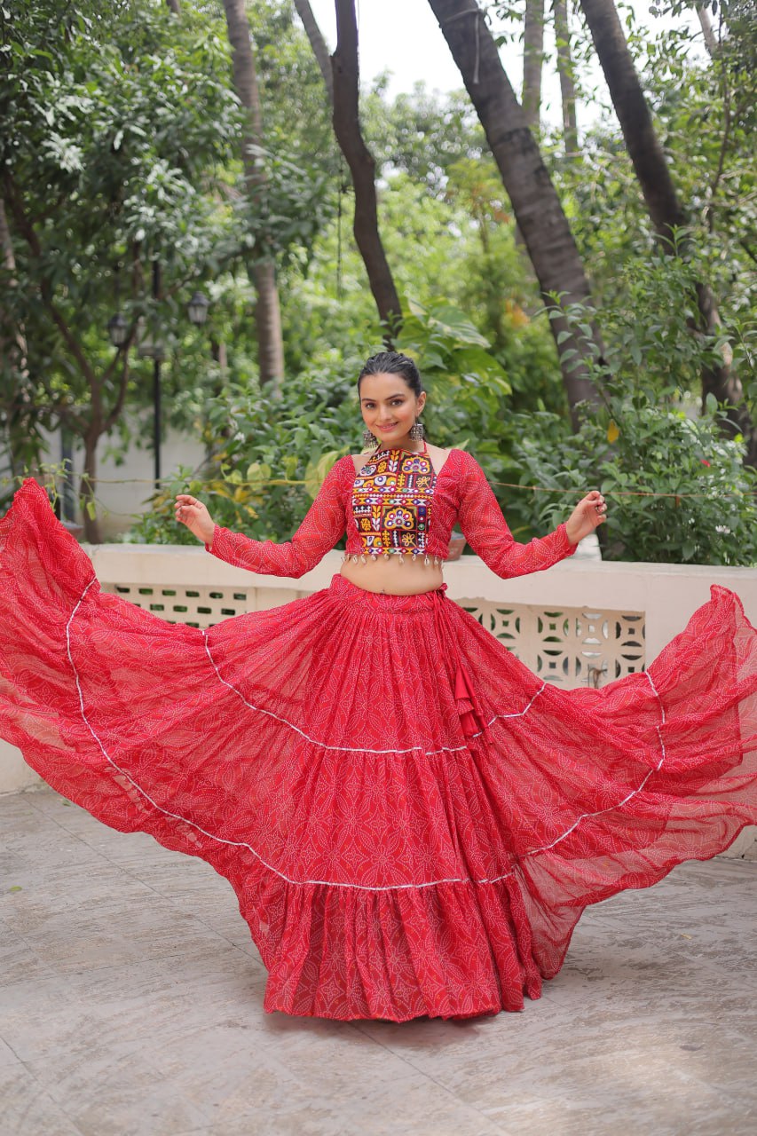Red Bandhej Print With Gotta Patti Lace Work Navratri Lehenga Choli