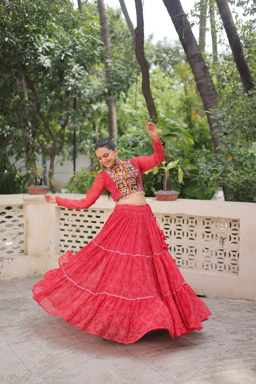 Red Bandhej Print With Gotta Patti Lace Work Navratri Lehenga Choli