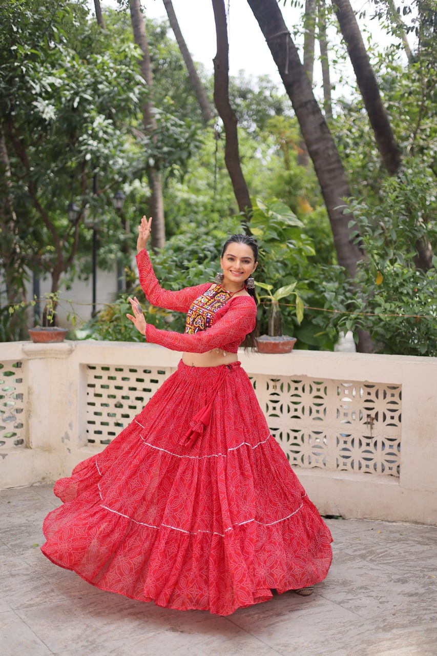 Red Bandhej Print With Gotta Patti Lace Work Navratri Lehenga Choli