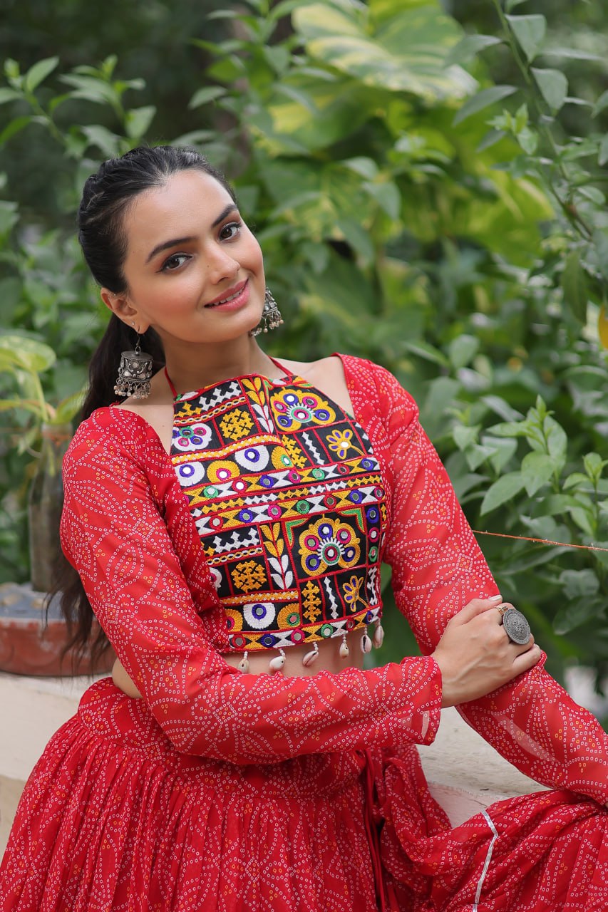 Red Bandhej Print With Gotta Patti Lace Work Navratri Lehenga Choli