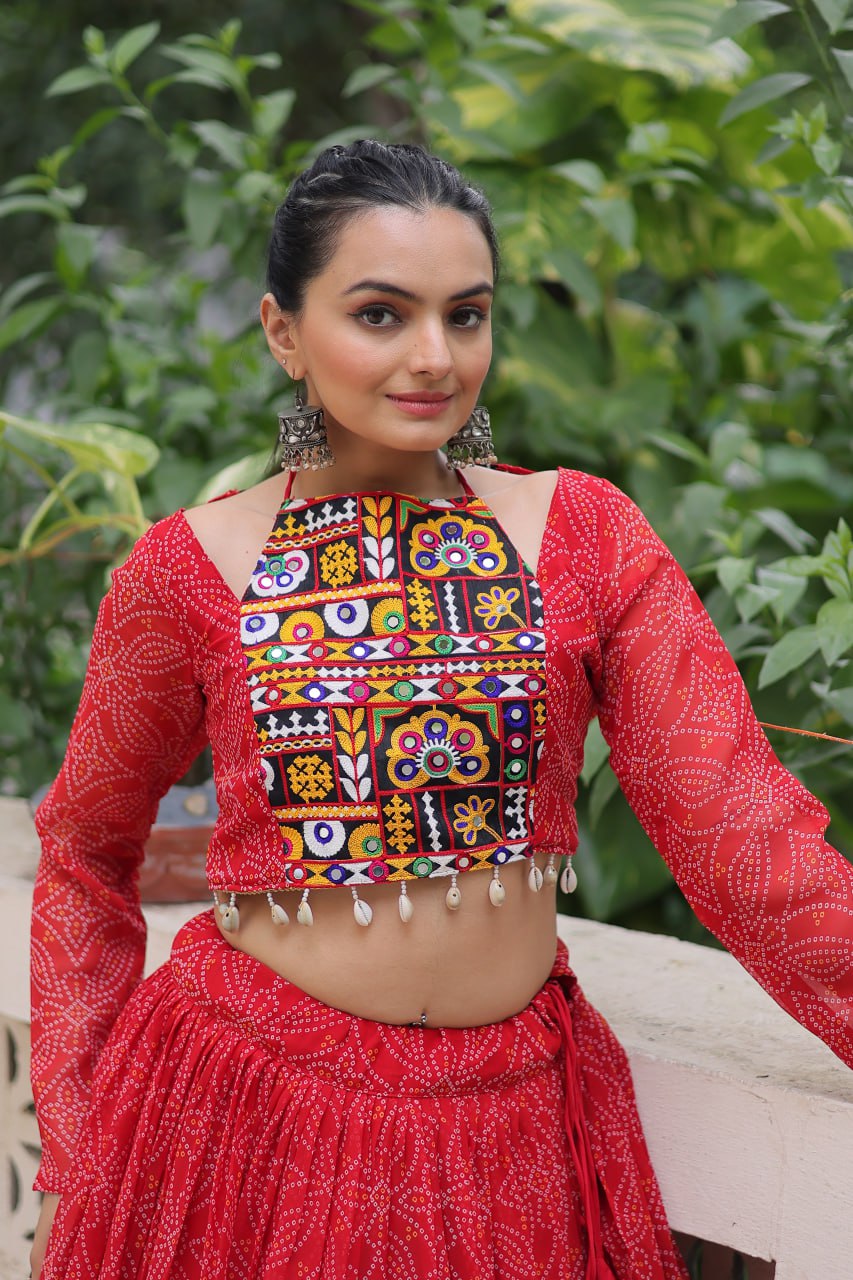 Red Bandhej Print With Gotta Patti Lace Work Navratri Lehenga Choli