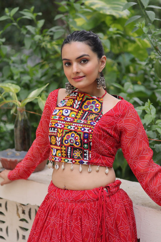 Red Bandhej Print With Gotta Patti Lace Work Navratri Lehenga Choli