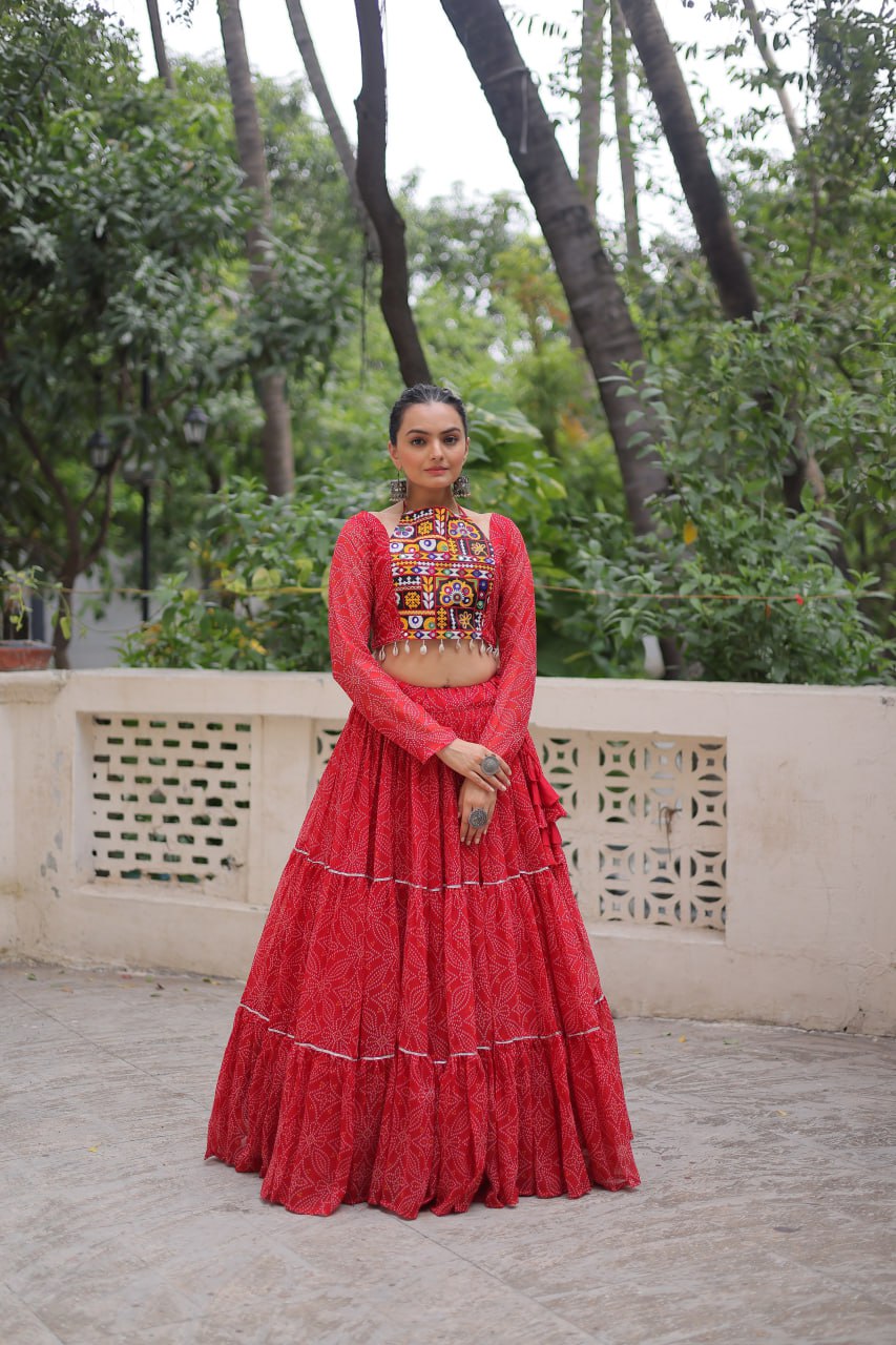 Red Bandhej Print With Gotta Patti Lace Work Navratri Lehenga Choli