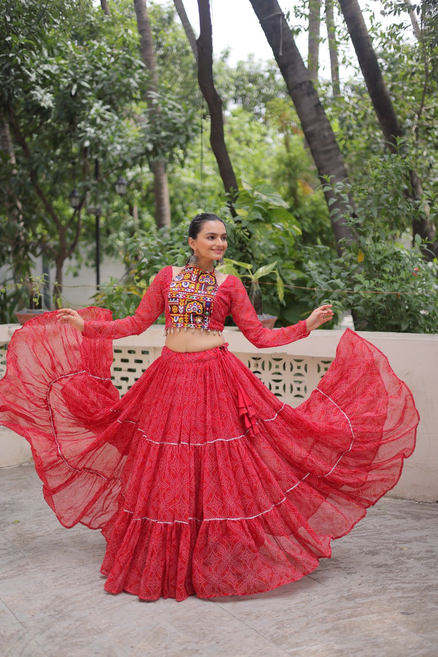 Red Bandhej Print With Gotta Patti Lace Work Navratri Lehenga Choli
