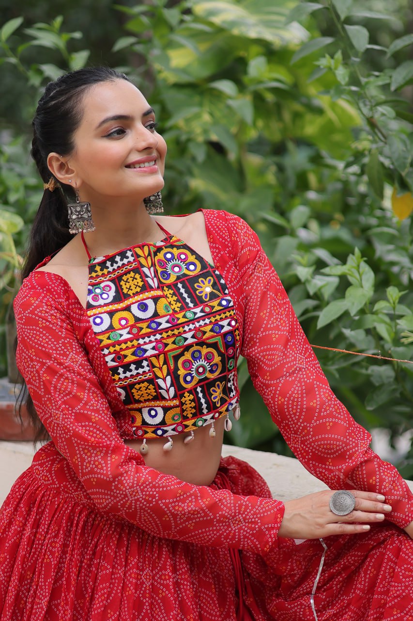 Red Bandhej Print With Gotta Patti Lace Work Navratri Lehenga Choli