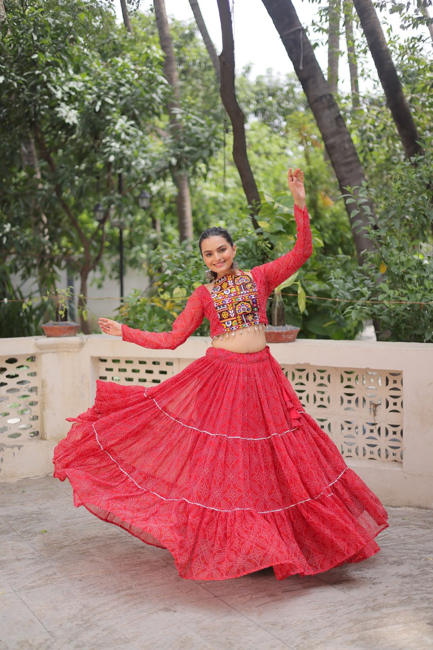 Red Bandhej Print With Gotta Patti Lace Work Navratri Lehenga Choli
