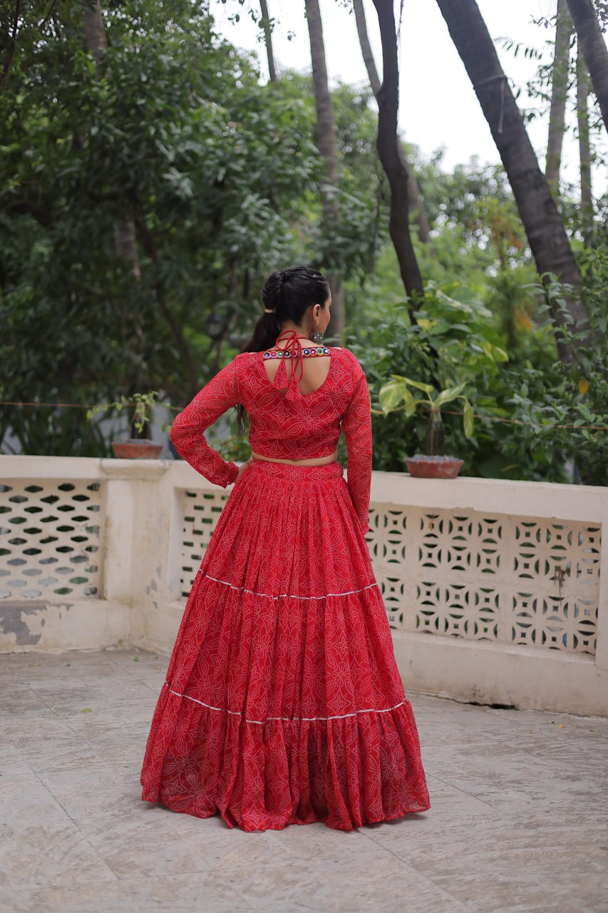 Red Bandhej Print With Gotta Patti Lace Work Navratri Lehenga Choli