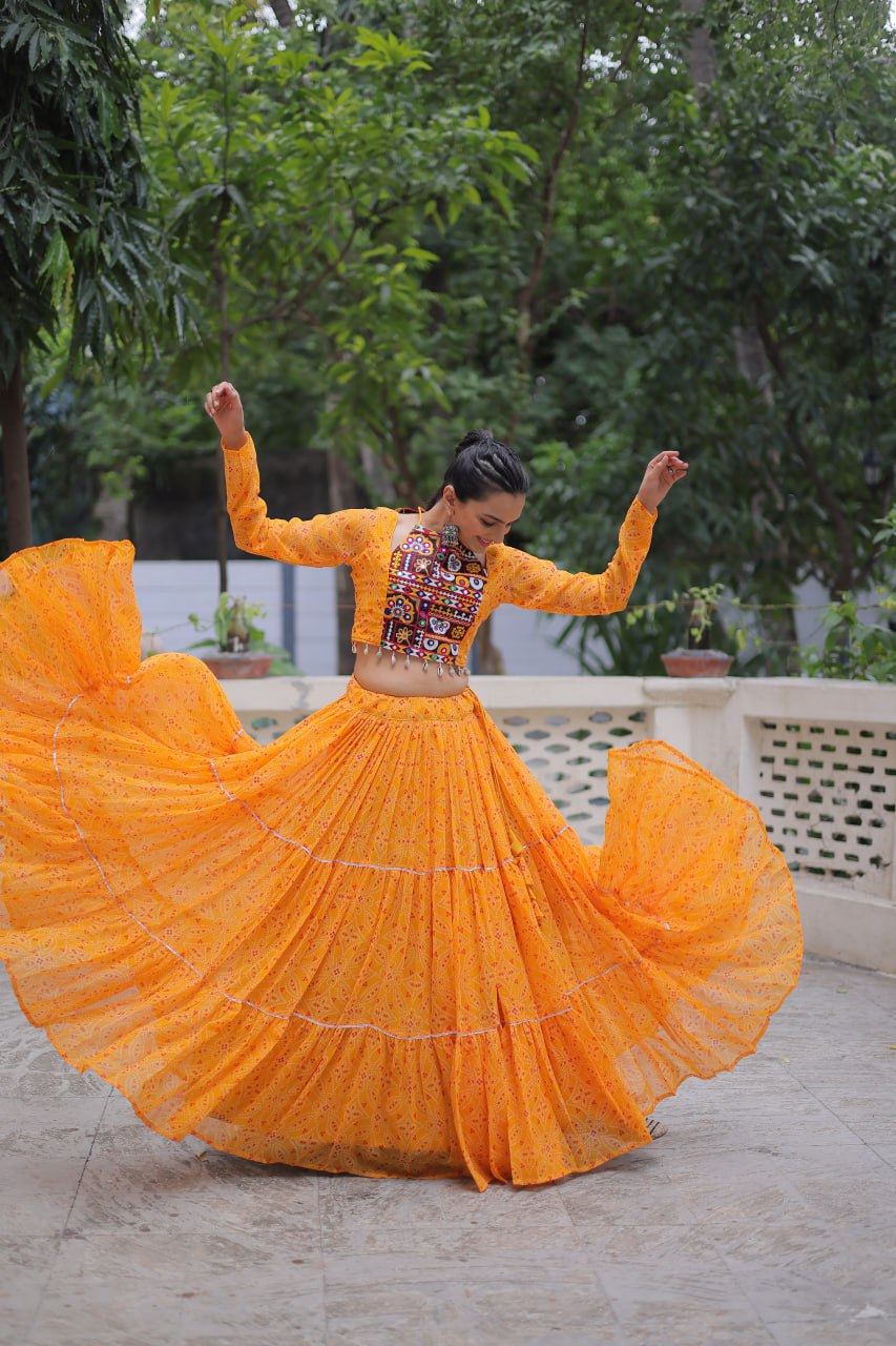 Musterd Bandhej Print With Gotta Patti Lace Work Navratri Lehenga Choli