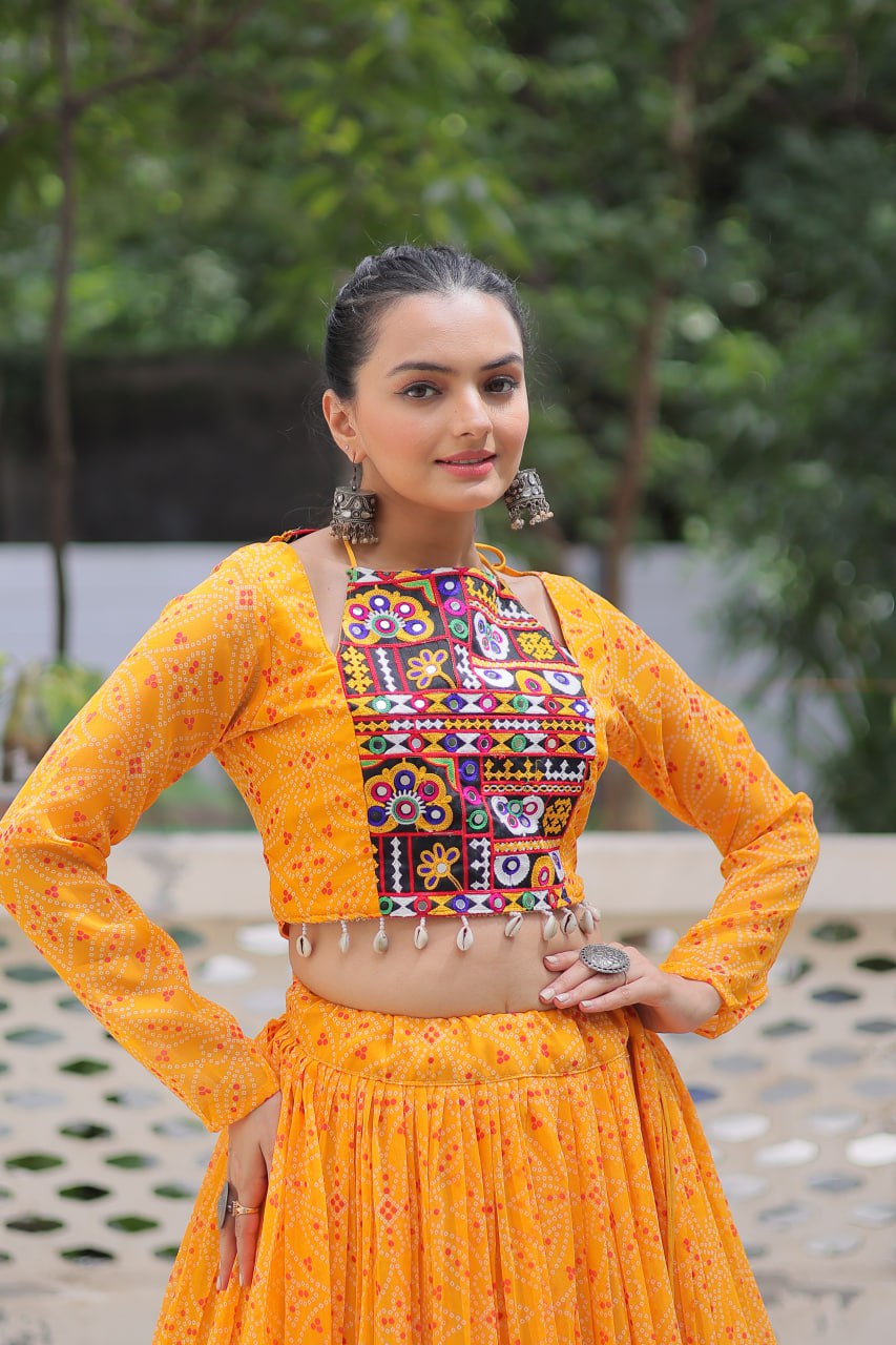 Musterd Bandhej Print With Gotta Patti Lace Work Navratri Lehenga Choli