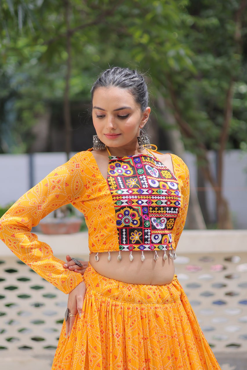 Musterd Bandhej Print With Gotta Patti Lace Work Navratri Lehenga Choli