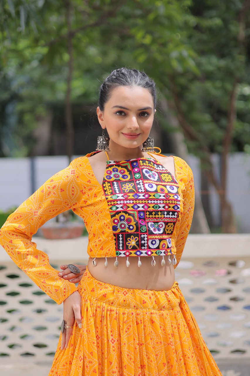 Musterd Bandhej Print With Gotta Patti Lace Work Navratri Lehenga Choli