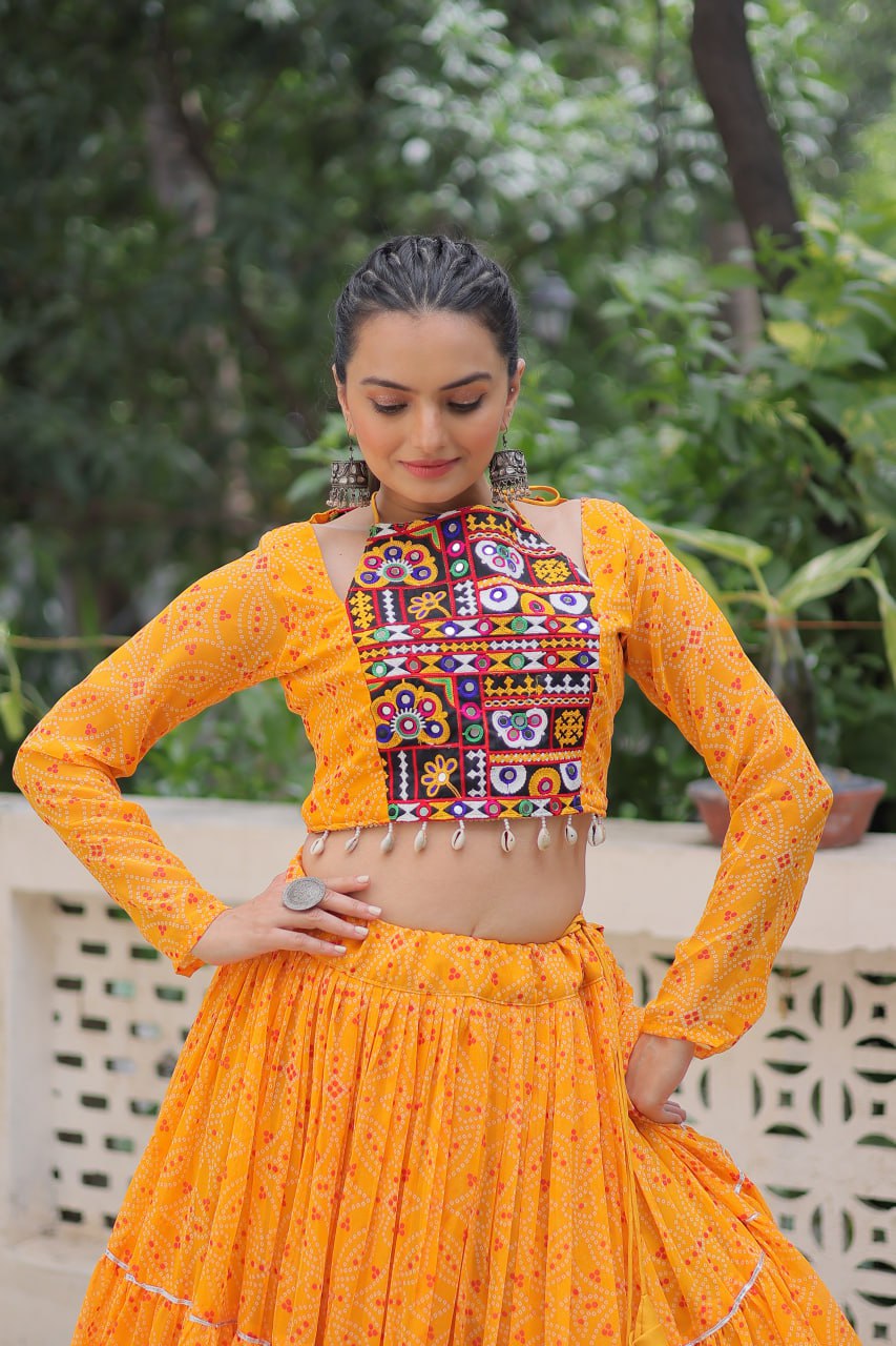 Musterd Bandhej Print With Gotta Patti Lace Work Navratri Lehenga Choli