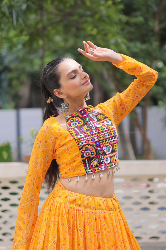 Musterd Bandhej Print With Gotta Patti Lace Work Navratri Lehenga Choli