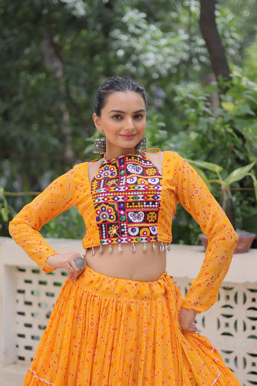 Musterd Bandhej Print With Gotta Patti Lace Work Navratri Lehenga Choli