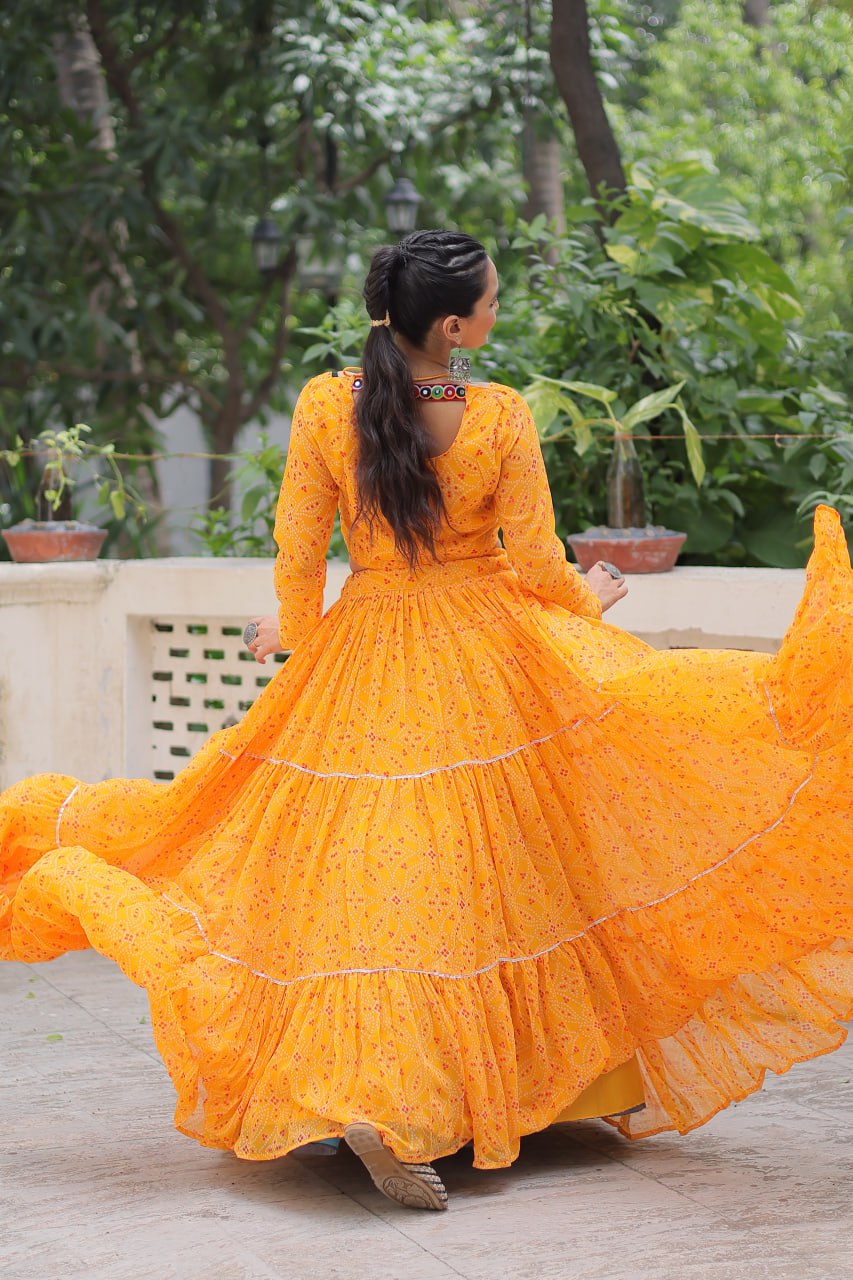 Musterd Bandhej Print With Gotta Patti Lace Work Navratri Lehenga Choli