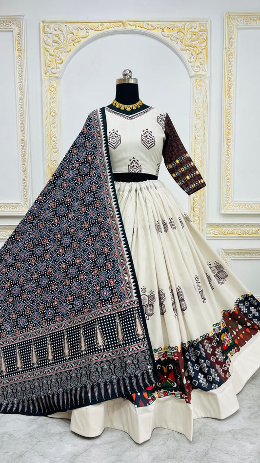 White Digital Print Real Mirror Work Navratri Lehenga Choli