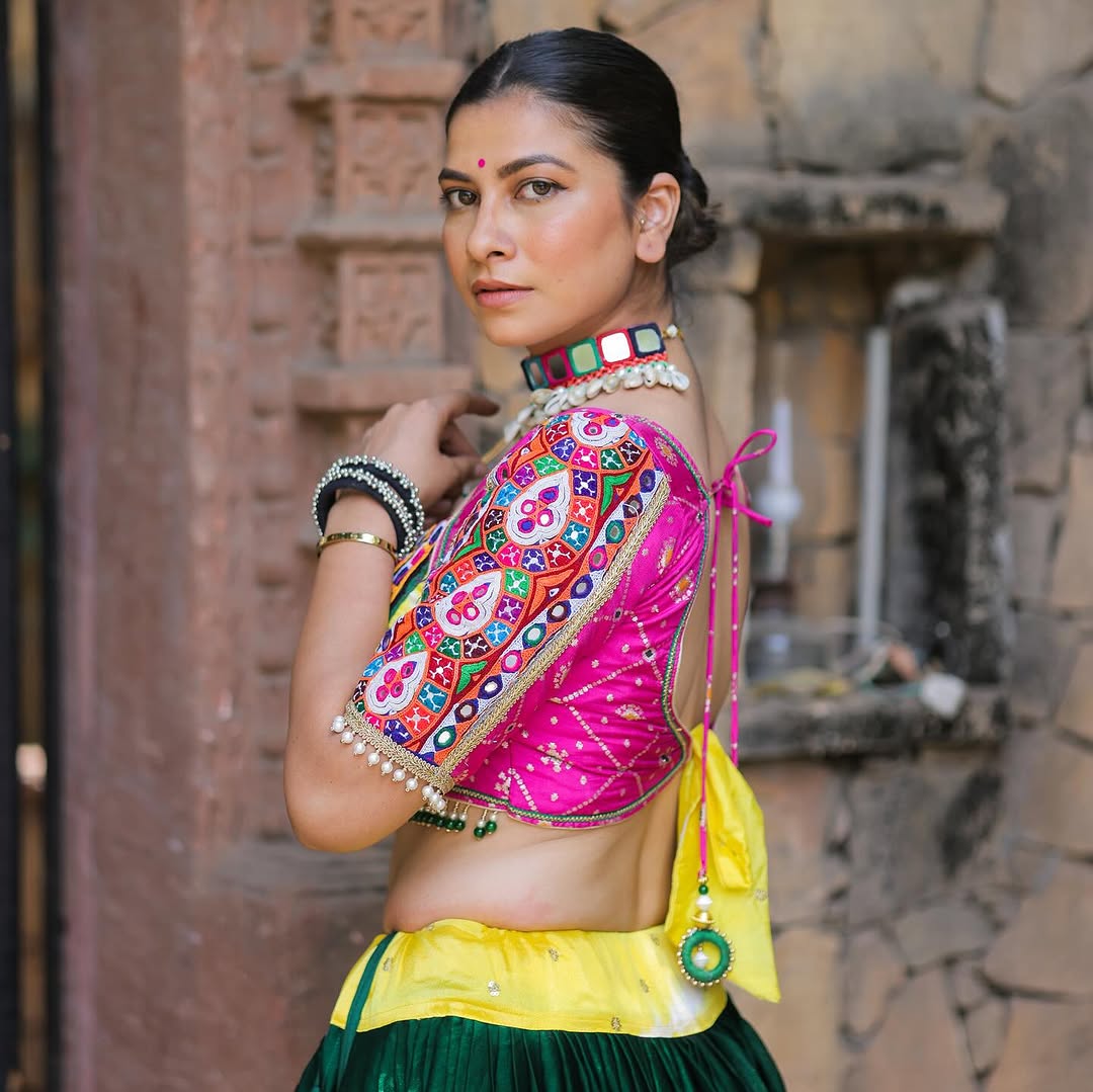 Pink Green Digital Print Real Mirror Work Navratri Lehenga Choli