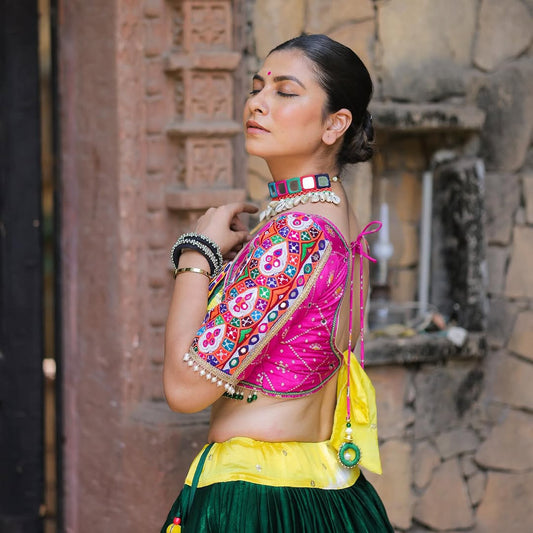 Pink Green Digital Print Real Mirror Work Navratri Lehenga Choli